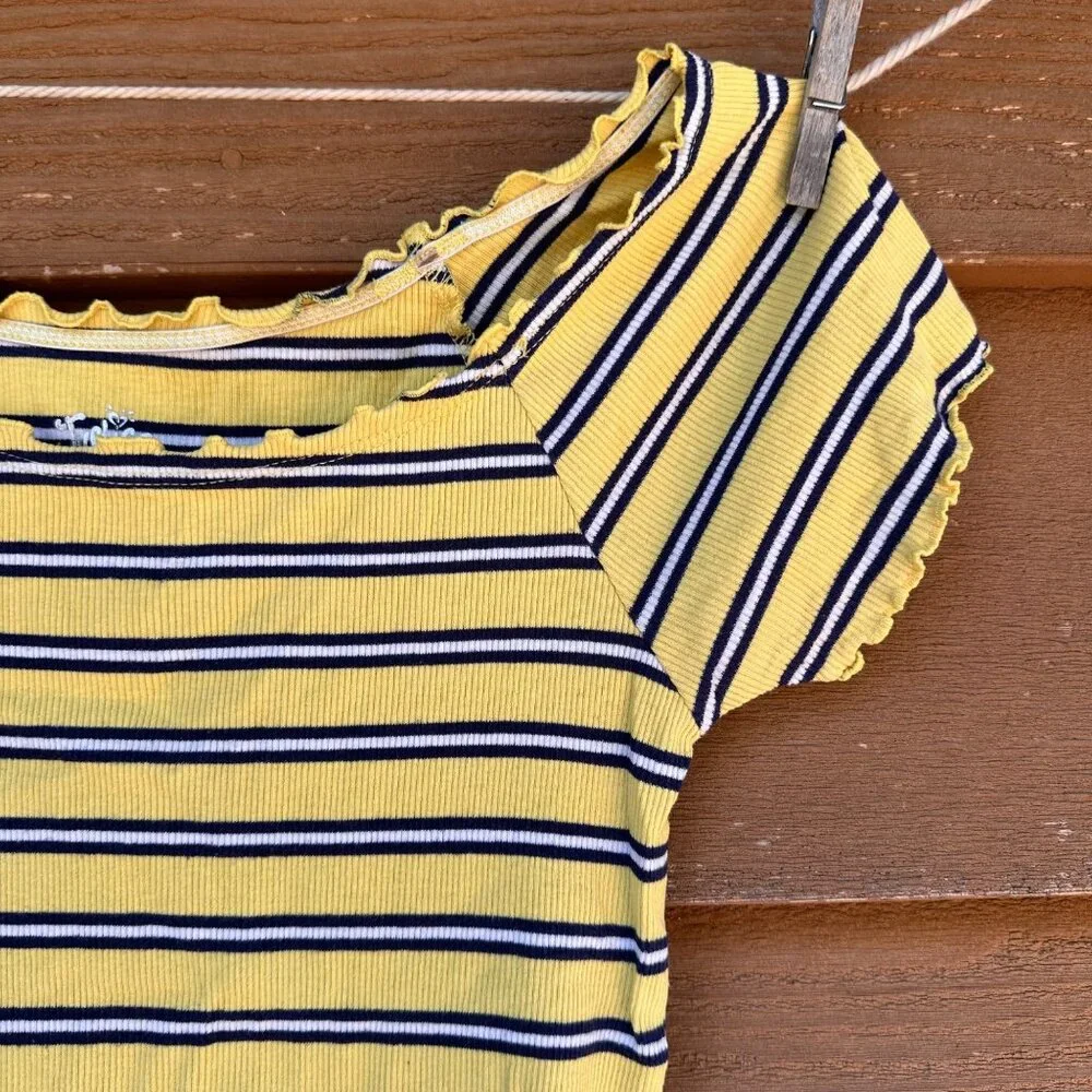 Justice Girls Yellow & Navy Striped Ribbed Top Lettuce Trim Short Sleeve Size 12